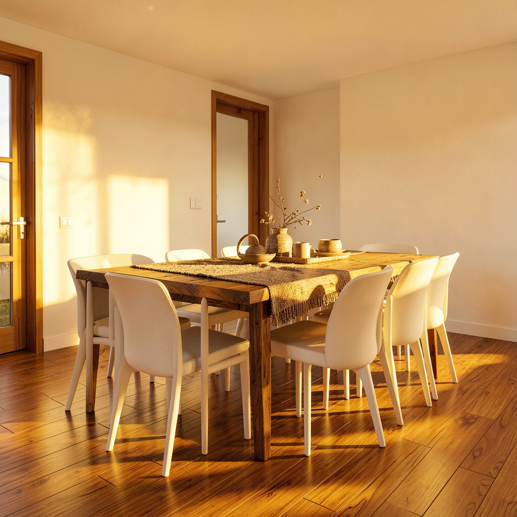 Une salle à manger lumineuse avec des meubles en bois clair, des murs en blanc crème et des lumières douces.