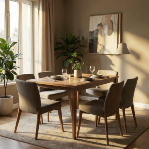 Table de salle à manger design avec étagères intégrées qui optimisent l’espace