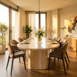Table oblongue en travertin Maja avec pieds en T, décoration élégante de salle à manger