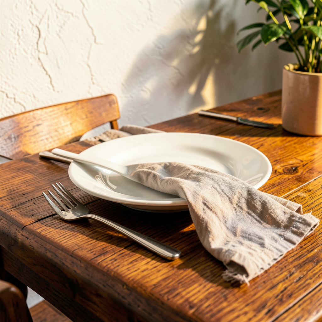 Table de salle à manger en bois naturel entourée de chaises aux coussins blancs émeraude.