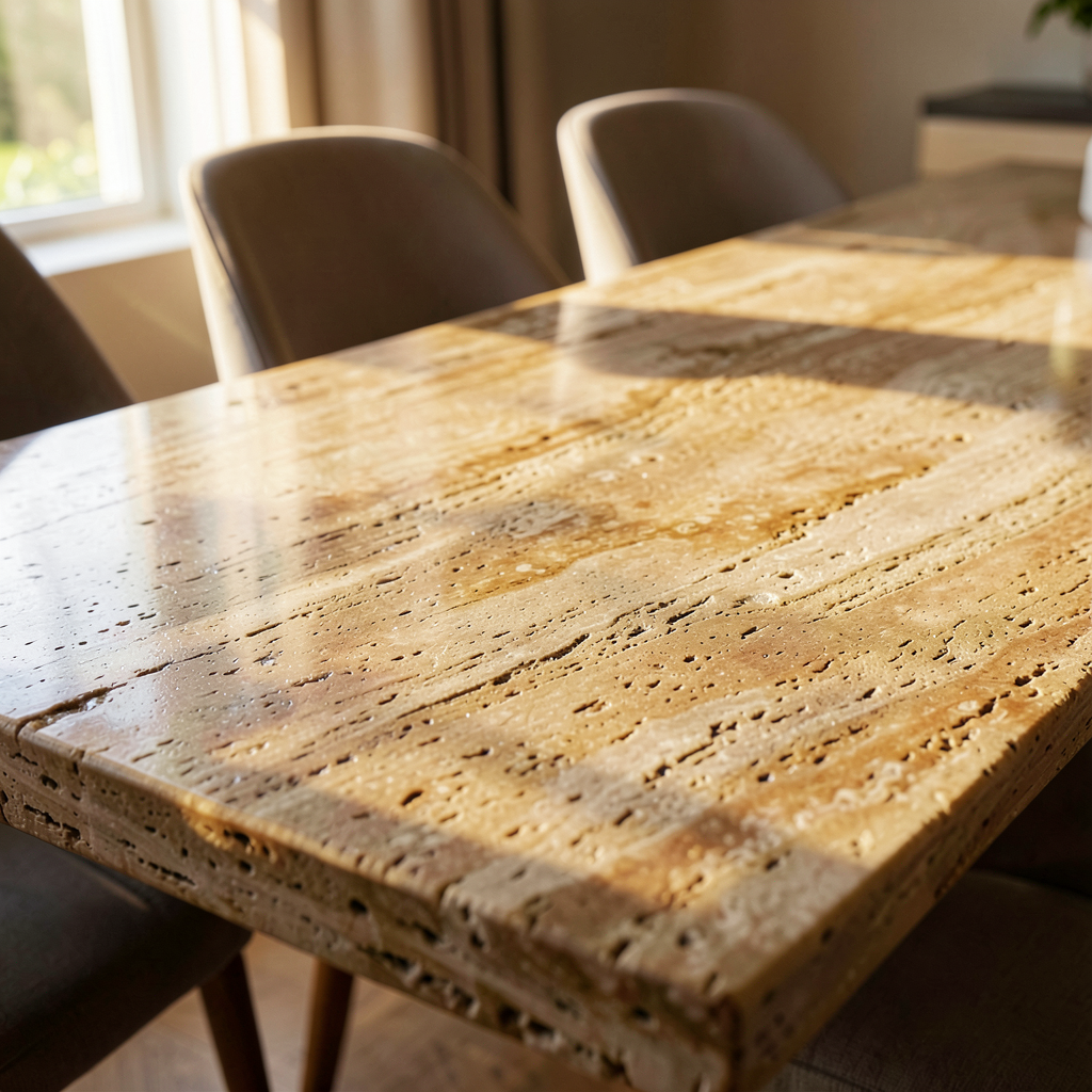 Surface lisse de la table en travertin, idéale pour une salle à manger moderne