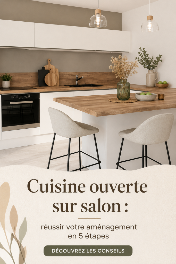 Cuisine ouverte sur salon avec un agencement moderne et chaleureux