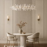 Aménagement chaleureux d'une salle à manger avec une grande table en bois et des chaises confortables.