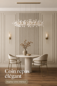 Aménagement chaleureux d'une salle à manger avec une grande table en bois et des chaises confortables.