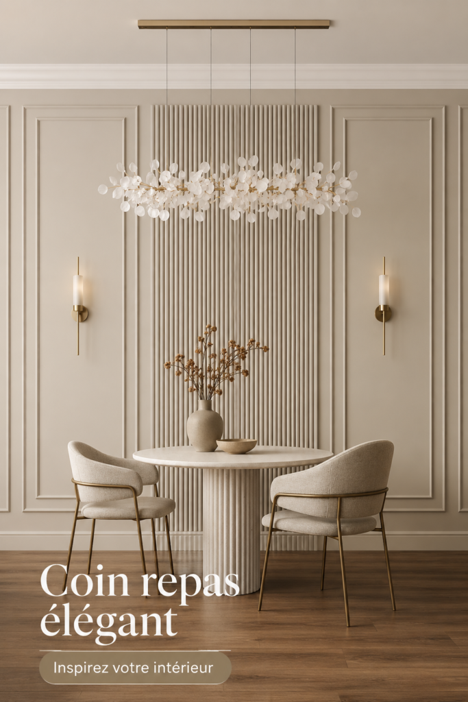 Aménagement chaleureux d'une salle à manger avec une grande table en bois et des chaises confortables.