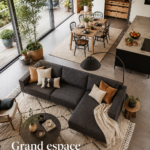 Aménagement d'un grand espace ouvert et convivial avec des zones de vie agréables.