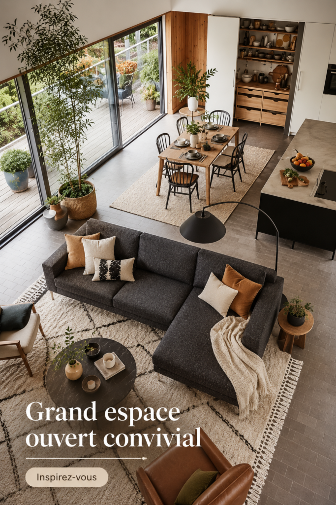 Aménagement d'un grand espace ouvert et convivial avec des zones de vie agréables.