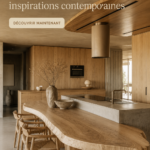 Un coin repas moderne dans une cuisine avec un îlot central et des chaises confortables.