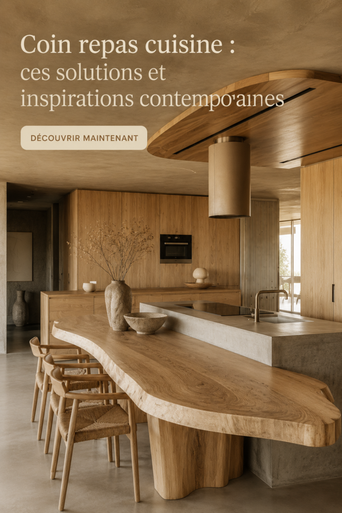 Un coin repas moderne dans une cuisine avec un îlot central et des chaises confortables.