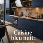 Cuisine moderne équipée en bleu nuit avec des touches de bois, créant une ambiance chaleureuse.