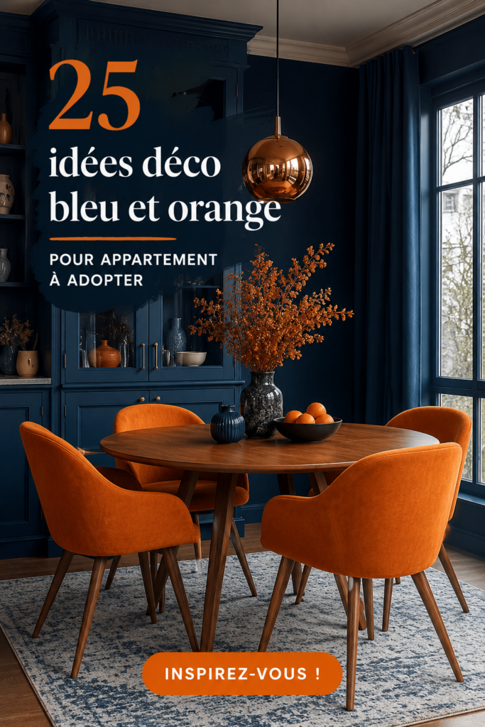 Un appartement décoré avec des touches de bleu et orange, créant une ambiance chaleureuse