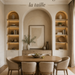 Salle à manger moderne avec des murs décorés par des cadres et des couleurs chaleureuses.