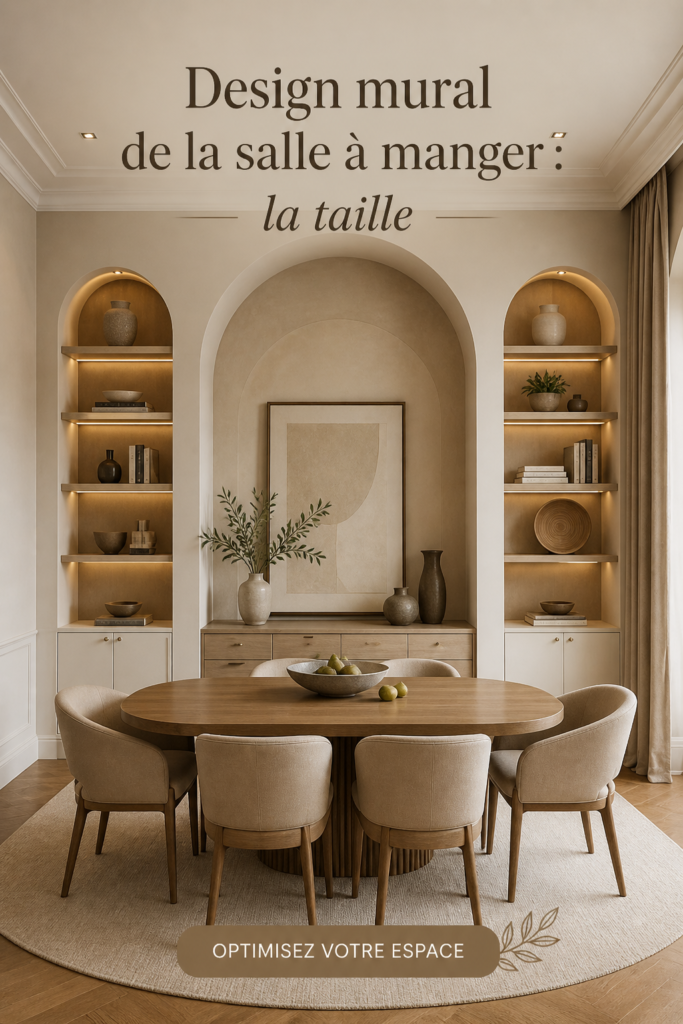 Salle à manger moderne avec des murs décorés par des cadres et des couleurs chaleureuses.