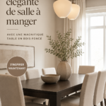 Salle à manger élégante avec une table en bois sombre et des accessoires neutres.