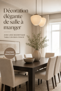 Salle à manger élégante avec une table en bois sombre et des accessoires neutres.