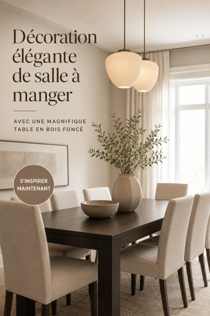 Salle à manger élégante avec une table en bois sombre et des accessoires neutres.