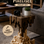 Table de chevet pixelisée DIY, réalisée avec des couleurs vives et un design original dans une chambre moderne.