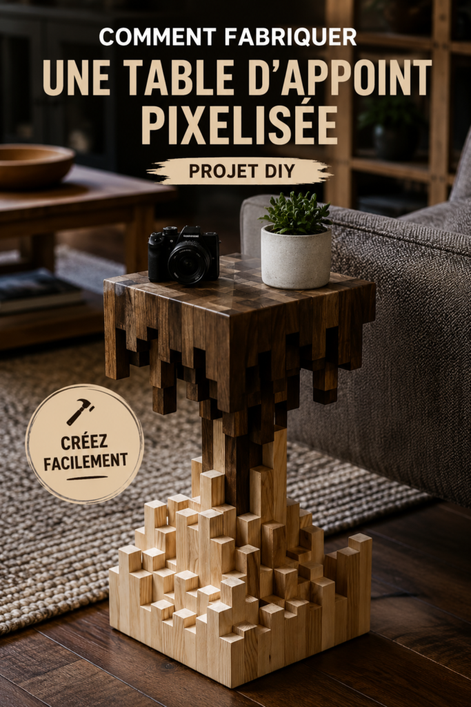 Table de chevet pixelisée DIY, réalisée avec des couleurs vives et un design original dans une chambre moderne.