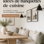 Banquette de cuisine élégante et chaleureuse avec des coussins colorés.