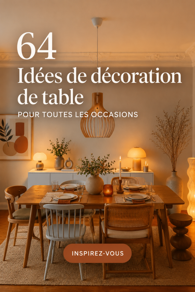 Un table joliment décorée pour un dîner avec des éléments naturels et festifs.
