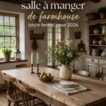 Une salle à manger de style farmhouse avec une décoration moderne et accueillante.