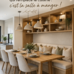 Salle à manger moderne avec une table chaleureuse et des chaises confortables, créant un espace convivial
