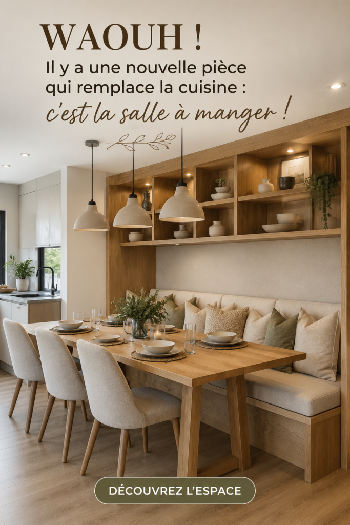 Salle à manger moderne avec une table chaleureuse et des chaises confortables, créant un espace convivial
