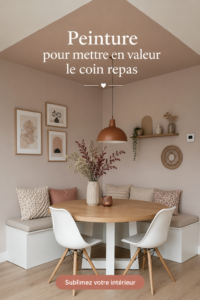 Un coin repas moderne avec des murs fraîchement peints en blanc et des accessoires colorés.