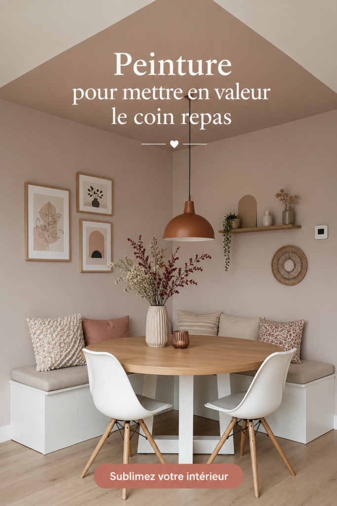 Un coin repas moderne avec des murs fraîchement peints en blanc et des accessoires colorés.