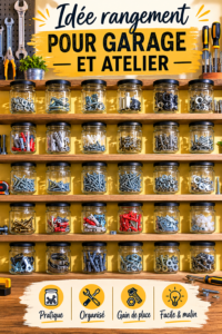 Garage bien organisé avec des étagères et outils rangés