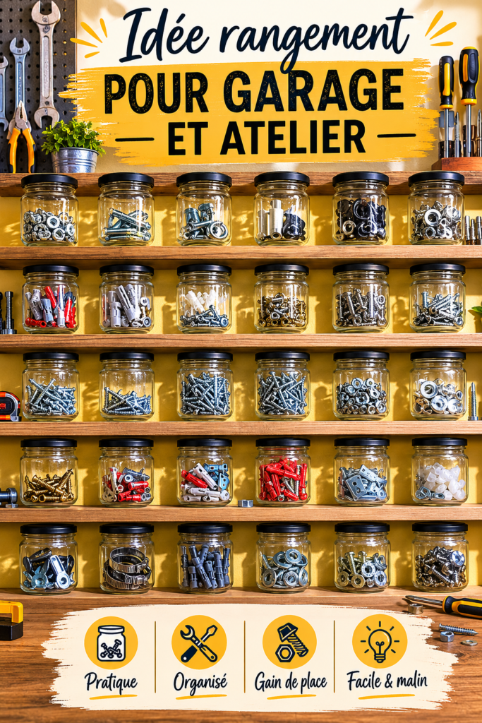 Garage bien organisé avec des étagères et outils rangés