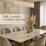 Salle à manger moderne avec décor en marbre et accents dorés