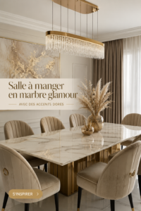 Salle à manger moderne avec décor en marbre et accents dorés