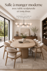 Salle à manger moderne avec une table sculpturale et des couleurs neutres