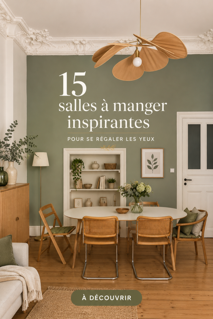 Salle à manger moderne et chaleureuse avec table en bois et décoration accueillante.