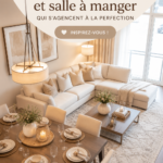 Un espace intérieur avec un salon et une salle à manger décorés de manière harmonieuse dans des tons chaleureux.