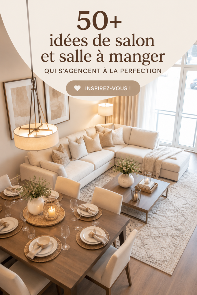 Un espace intérieur avec un salon et une salle à manger décorés de manière harmonieuse dans des tons chaleureux.