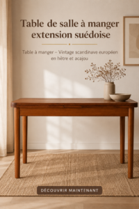 Table à manger vintage suédoise en bois clair étendue