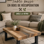 Table basse en bois récupéré dans un salon chaleureux, témoignant d’un style DIY.
