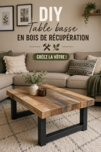 Table basse en bois récupéré dans un salon chaleureux, témoignant d’un style DIY.