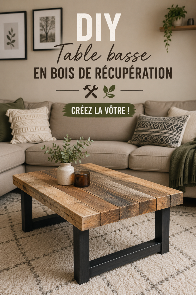 Table basse en bois récupéré dans un salon chaleureux, témoignant d’un style DIY.