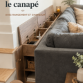 Table de canapé moderne en bois avec chargeur intégré et rangement.