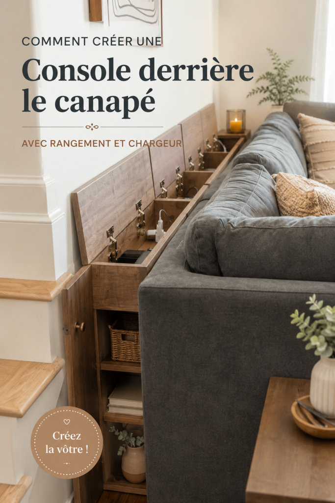 Table de canapé moderne en bois avec chargeur intégré et rangement.