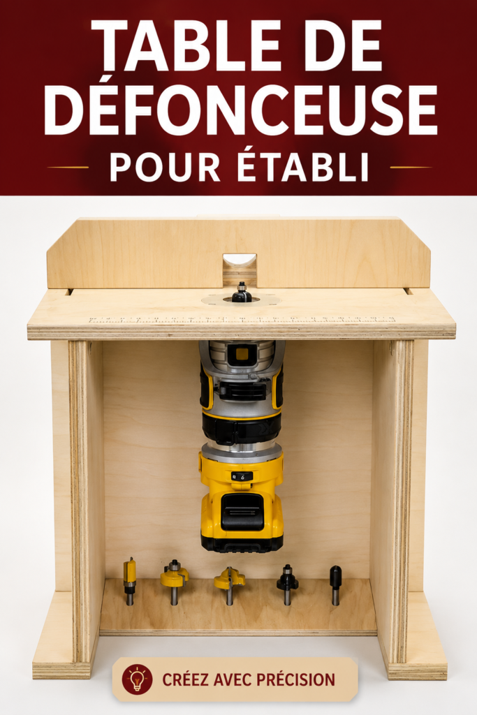 Table de fraisage en bois dans un atelier de bricolage, prête à l'emploi.
