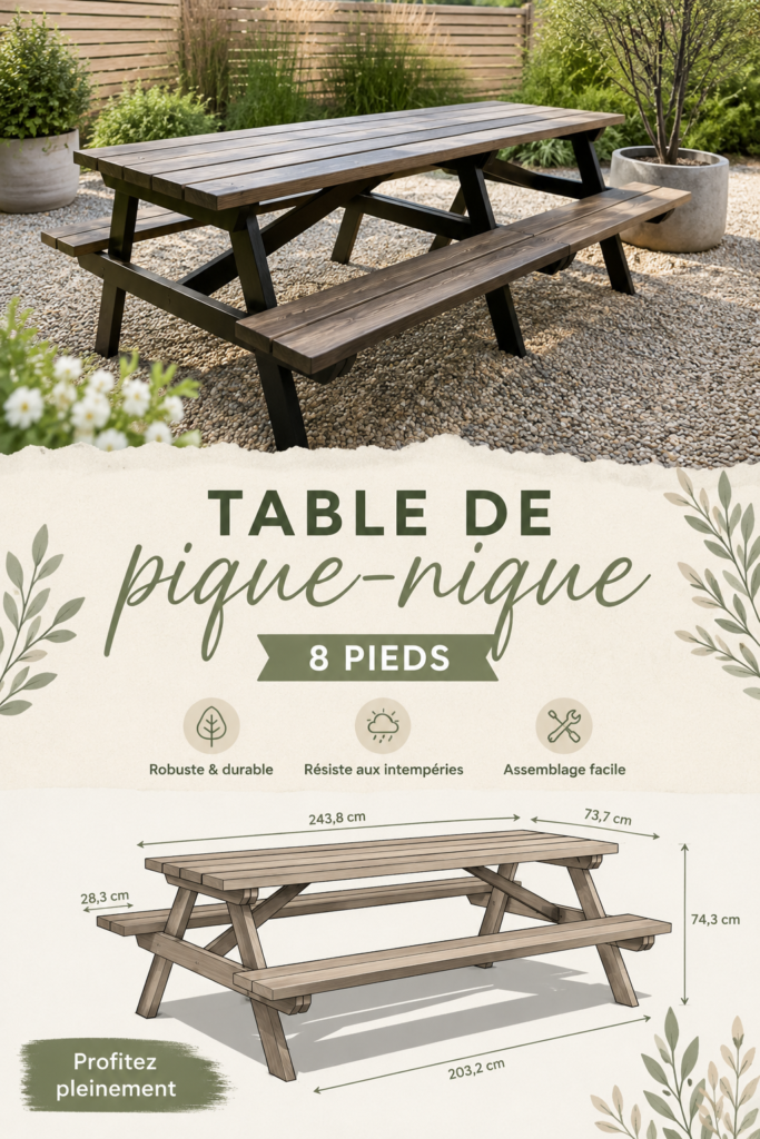 Table de pique-nique en bois dans un jardin