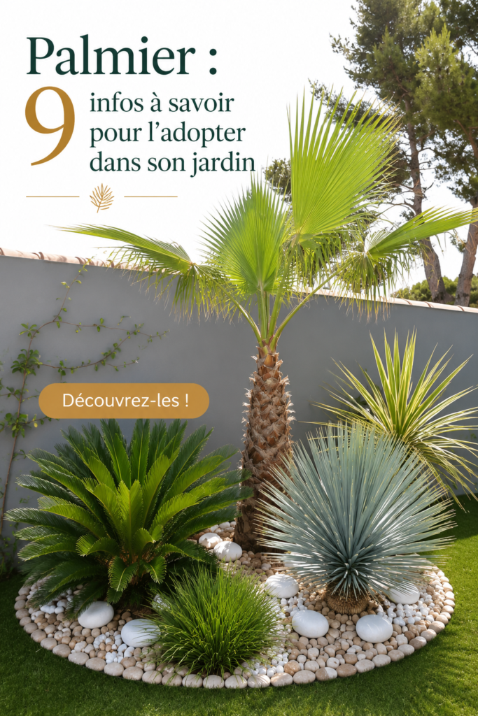 Un jardin avec plusieurs palmiers bien entretenus sous un ciel bleu