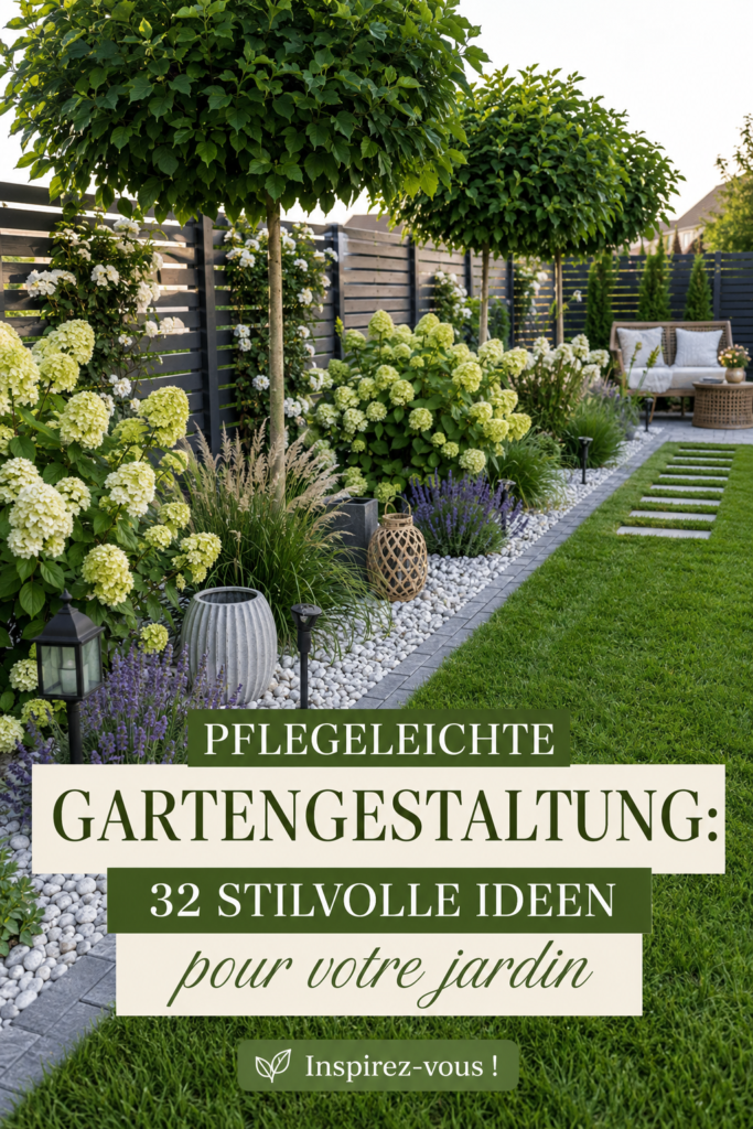 Un jardin fleuri et accueillant, facile à entretenir avec divers points de repos.