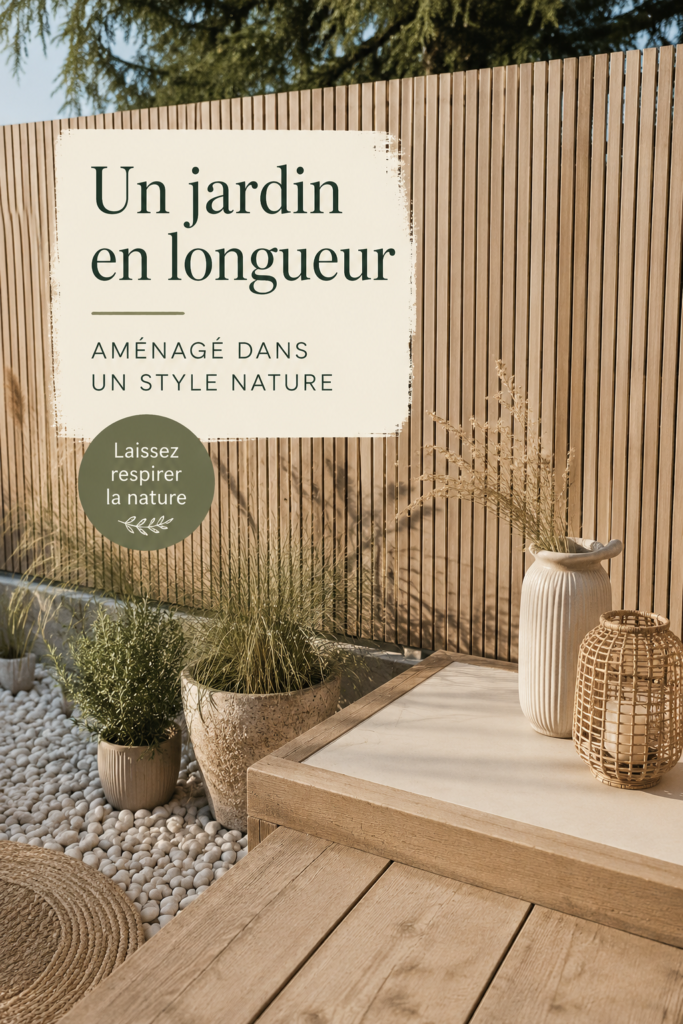 Un jardin en longueur aménagé avec des plantes diverses et des chemins en gravier, créant une atmosphère paisible.