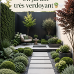 Un jardin verdoyant avec une variété de plantes luxuriantes et colorées, conçu pour la détente.