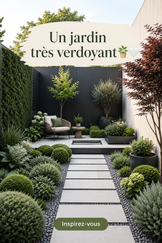 Un jardin verdoyant avec une variété de plantes luxuriantes et colorées, conçu pour la détente.